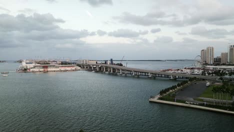 aerial established of miami downtown at sunset bayfront park