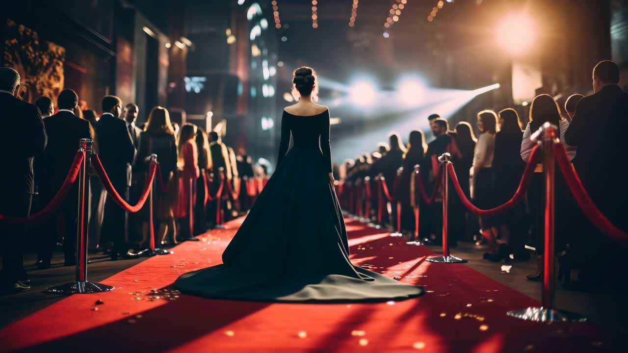 Red carpet event captured from a low angle, showcasing glamorous lights and an elegant crowd
