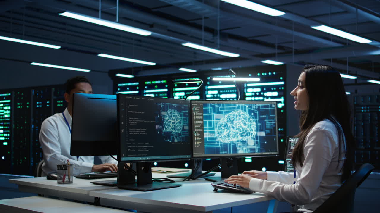 Technicians coworkers using AI tech on computer to do data center checkup