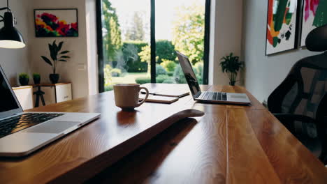 home office workspace with garden view