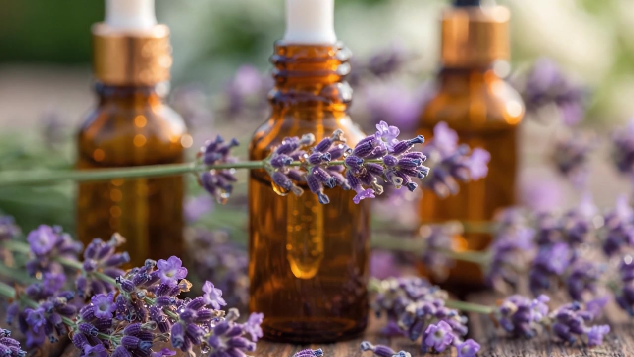 Fredfyldte lavendelessensflasker fanget i naturligt lys, der viser lavendelens aromatiske skønhed og ro med fokus på æteriske olier og blomsteraccenter
