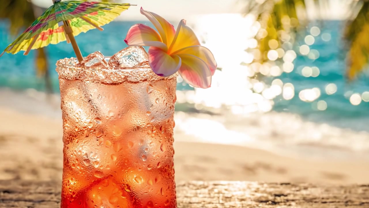 Refreshing Tropical Drink with Ice and Decorative Umbrella Set Against a Beautiful Beach Background at Sunset, Perfect for Relaxation and Enjoyment