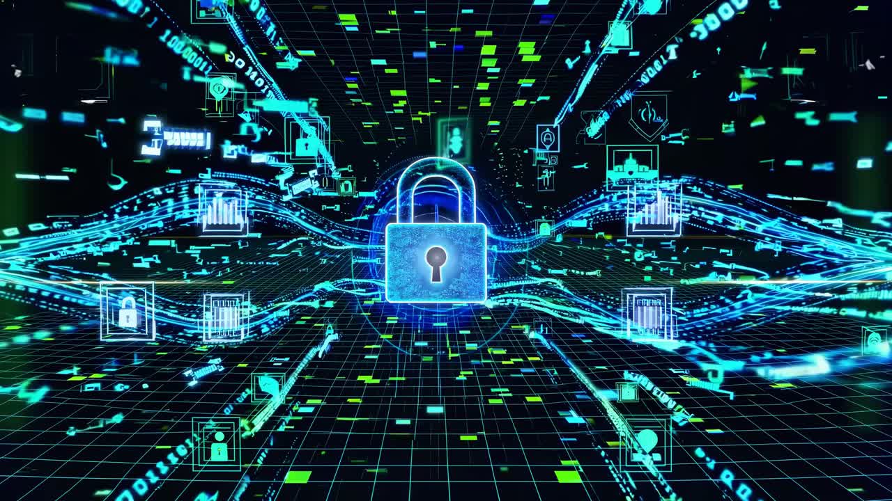 Futuristic digital security concept with a low-angle view of a glowing lock and data streams