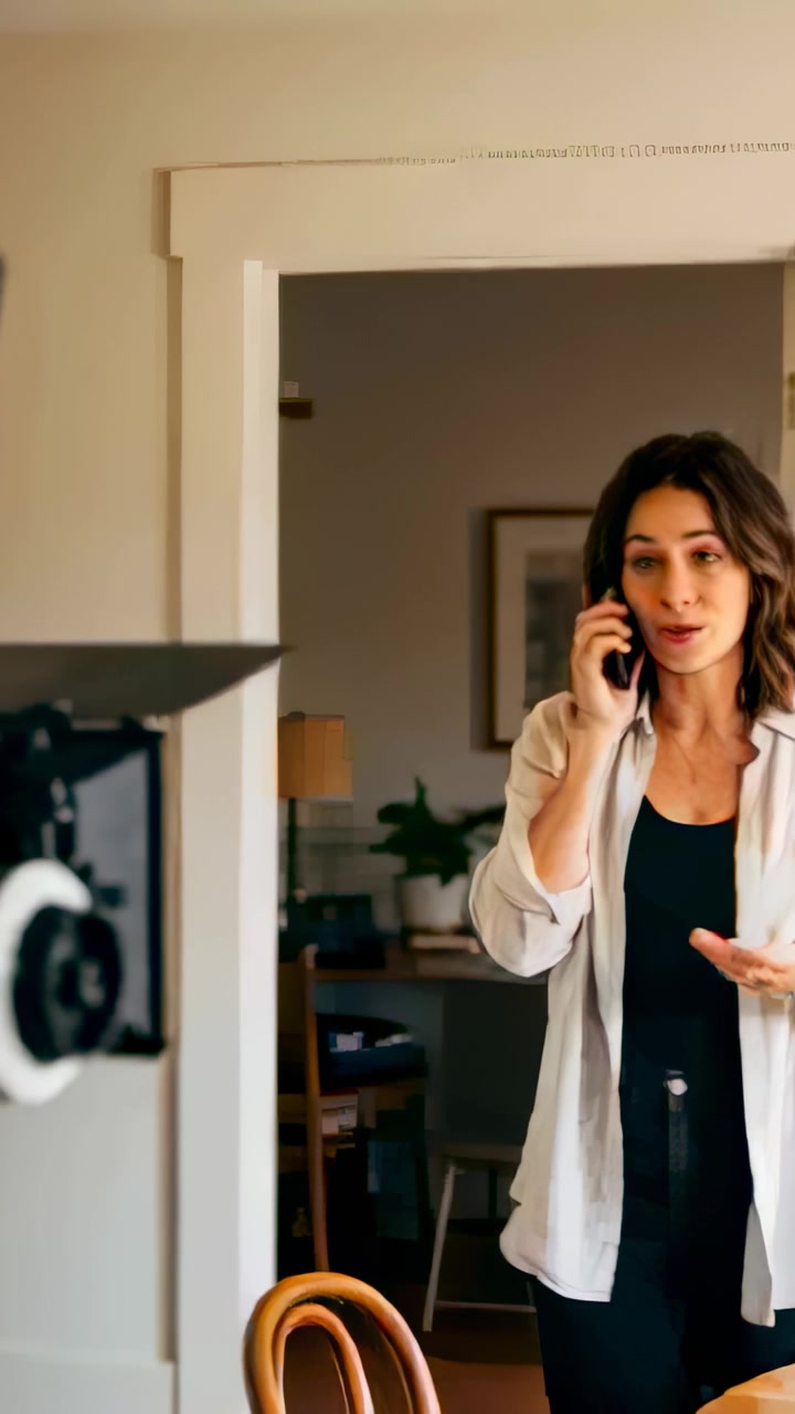 Vertical video: Answering phone, woman in shirt standing in doorway at home gesturing near rig