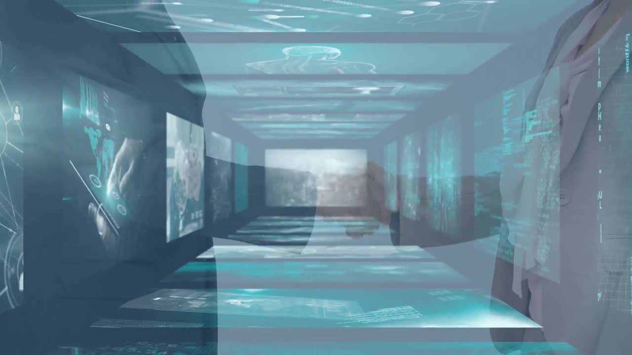 비즈니스맨과 비즈니스맨이 손을 흔들고 있는 중간 섹션에서 데이터 처리 화면