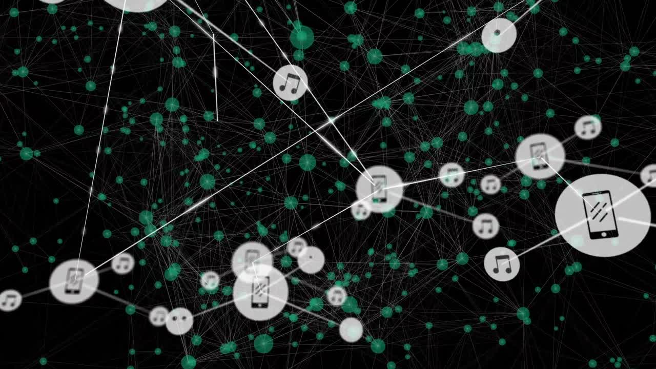 검은색 배경에 아이콘을 가진 연결 네트워크의 애니메이션