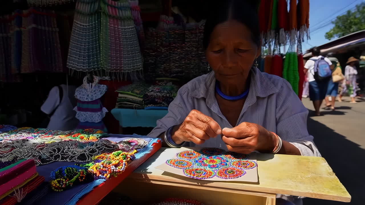 Handmade beaded art at a marketplace
