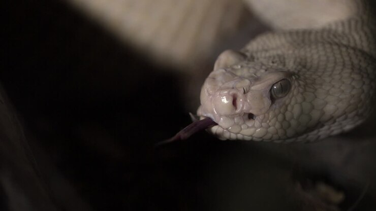 Albino-Westliche Diamant-Klapperschlange: Zunge in Zeitlupe (1000 Bilder pro Sekunde).