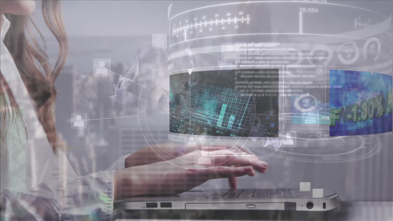 mujer de negocios usando una computadora digital con la ciudad en el fondo