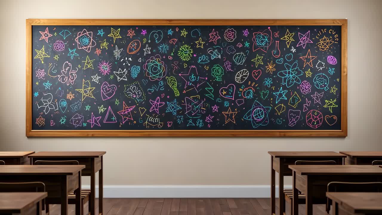Classroom with Colorful Drawings on Blackboard
