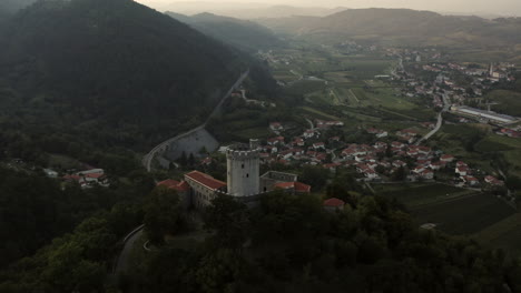 aerial view of a castle and village in a valley