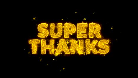 súper gracias texto chispas partículas en fondo negro.