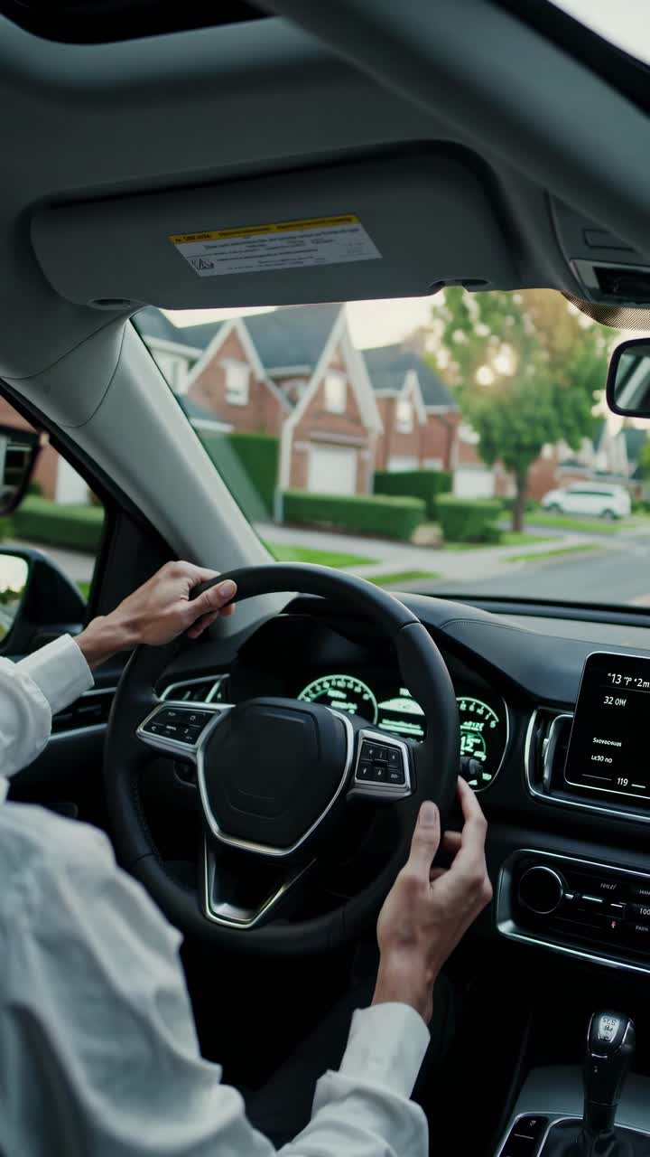 POV video style from the backseat, capturing a driver steering through a suburban street
