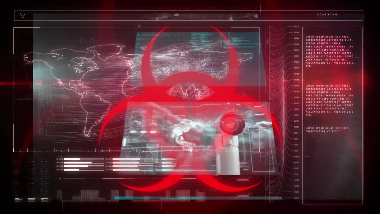 animación del símbolo de peligro biológico sobre el procesamiento de datos del mapa mundial en la interfaz
