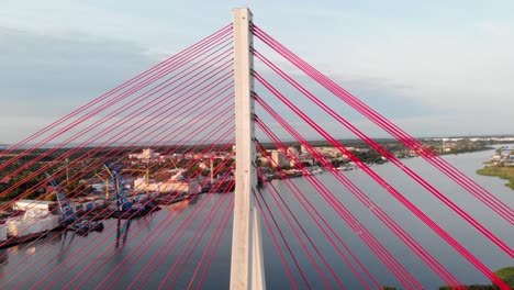 Aerial-jib-shot-of-Cable-Stayed-Bridge-On-Motława-River-In-Gdansk,-Poland