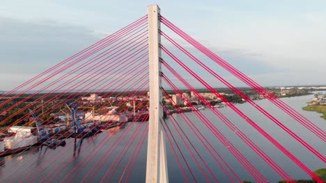 aerial jib shot of cable-stayed bridge on motława river in gdansk, poland