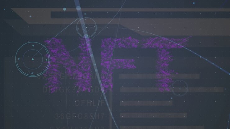 Animation of nft text over data processing and network of connections