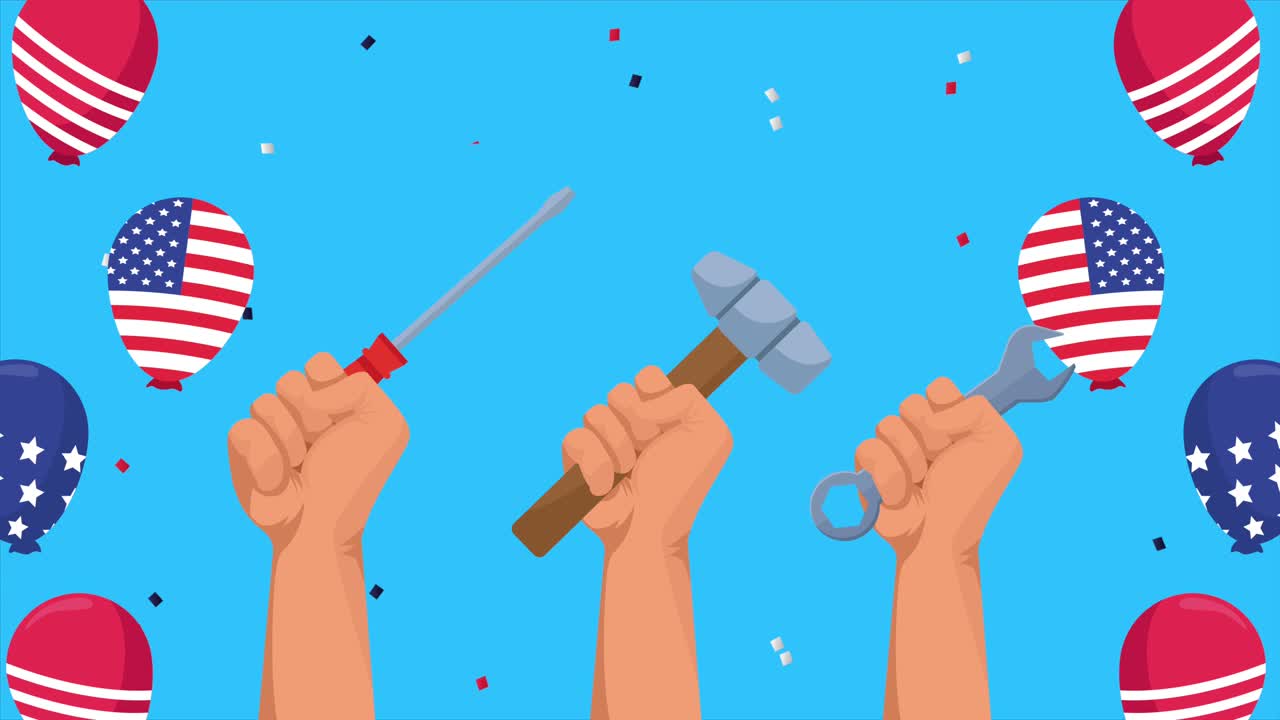 휴일 축하: 손으로 들고 도구와 풍선에 미국 발 헬