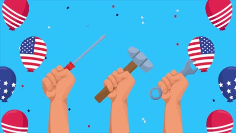 휴일 축하: 손으로 들고 도구와 풍선에 미국 발 헬