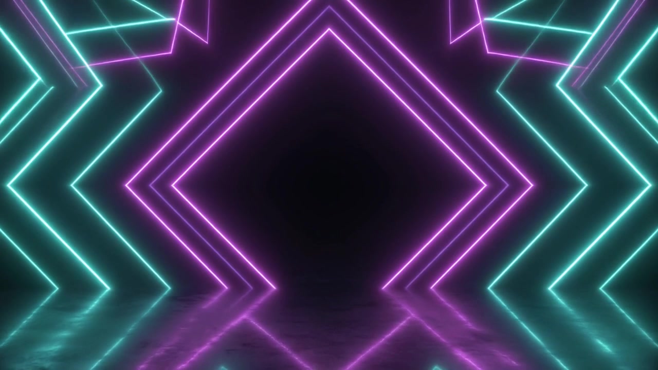 Tunnel astratto di luce al neon con forme geometriche pulsanti