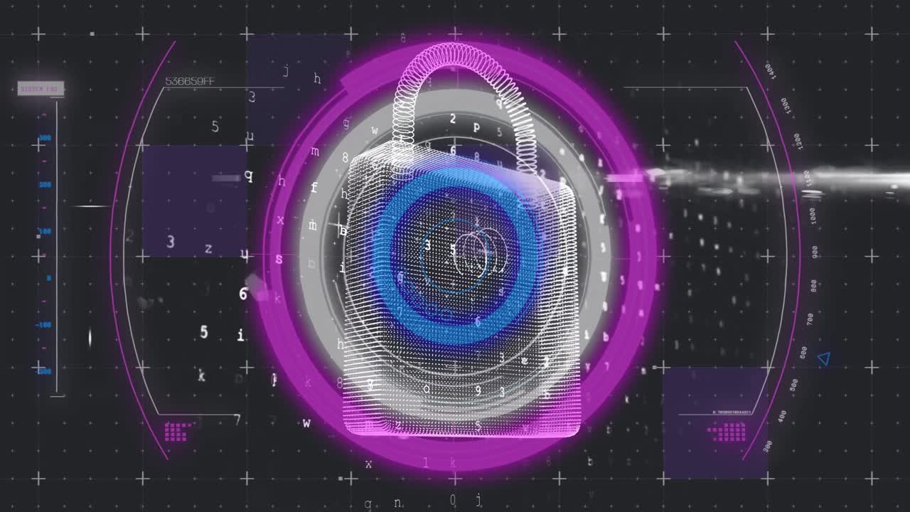 animación del candado de seguridad en línea, escaneo de alcance y procesamiento de datos sobre la cuadrícula en segundo plano