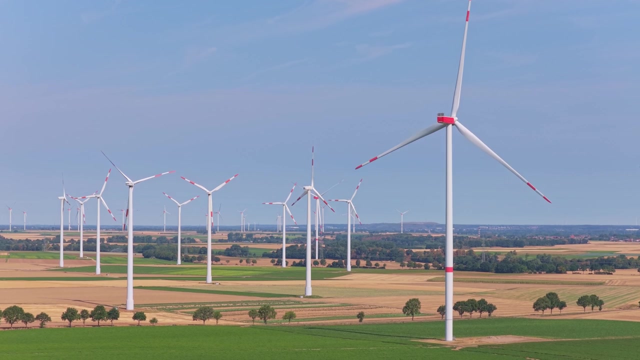Aerial View of Wind Turbines in a Rural Landscape