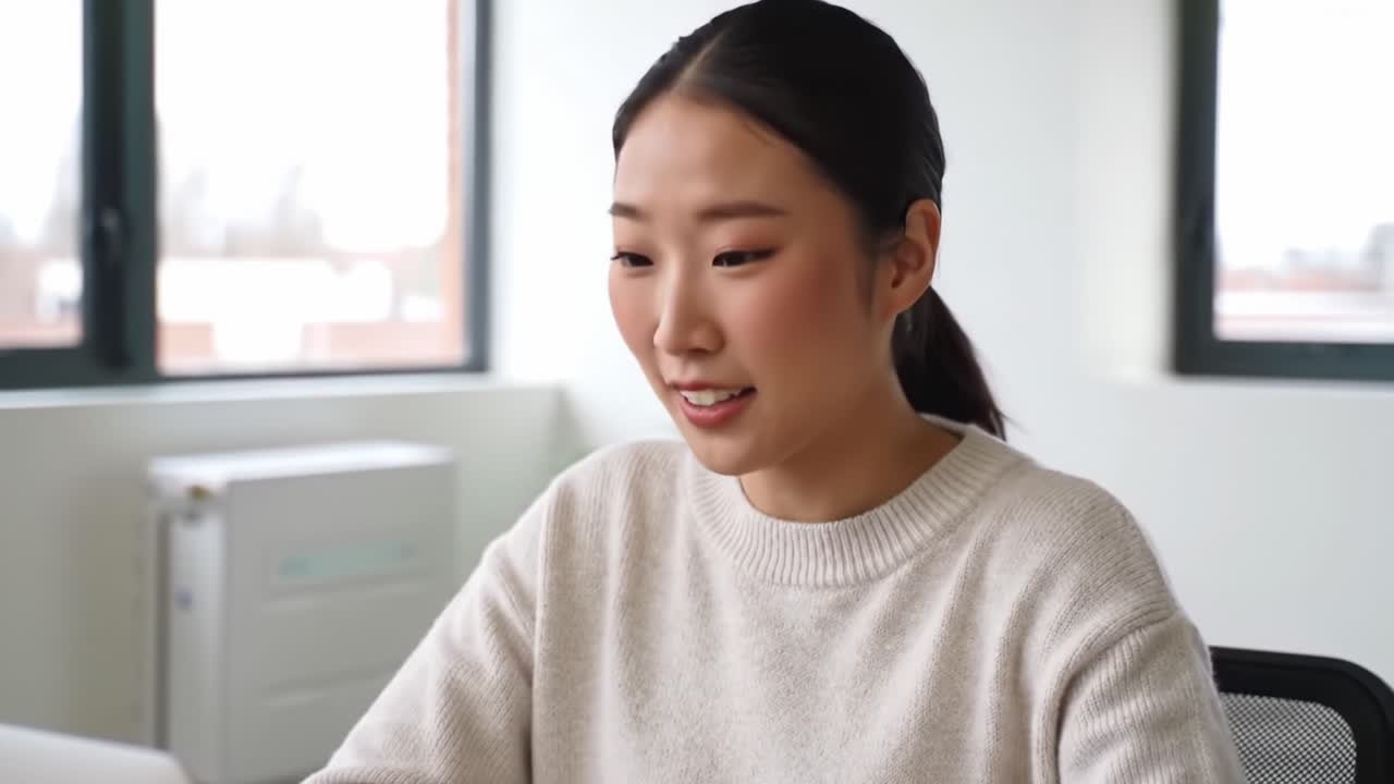A young woman in a cozy sweater smiles while engaging with her laptop in a well-lit, modern workspace, depicting a moment of happiness and connection