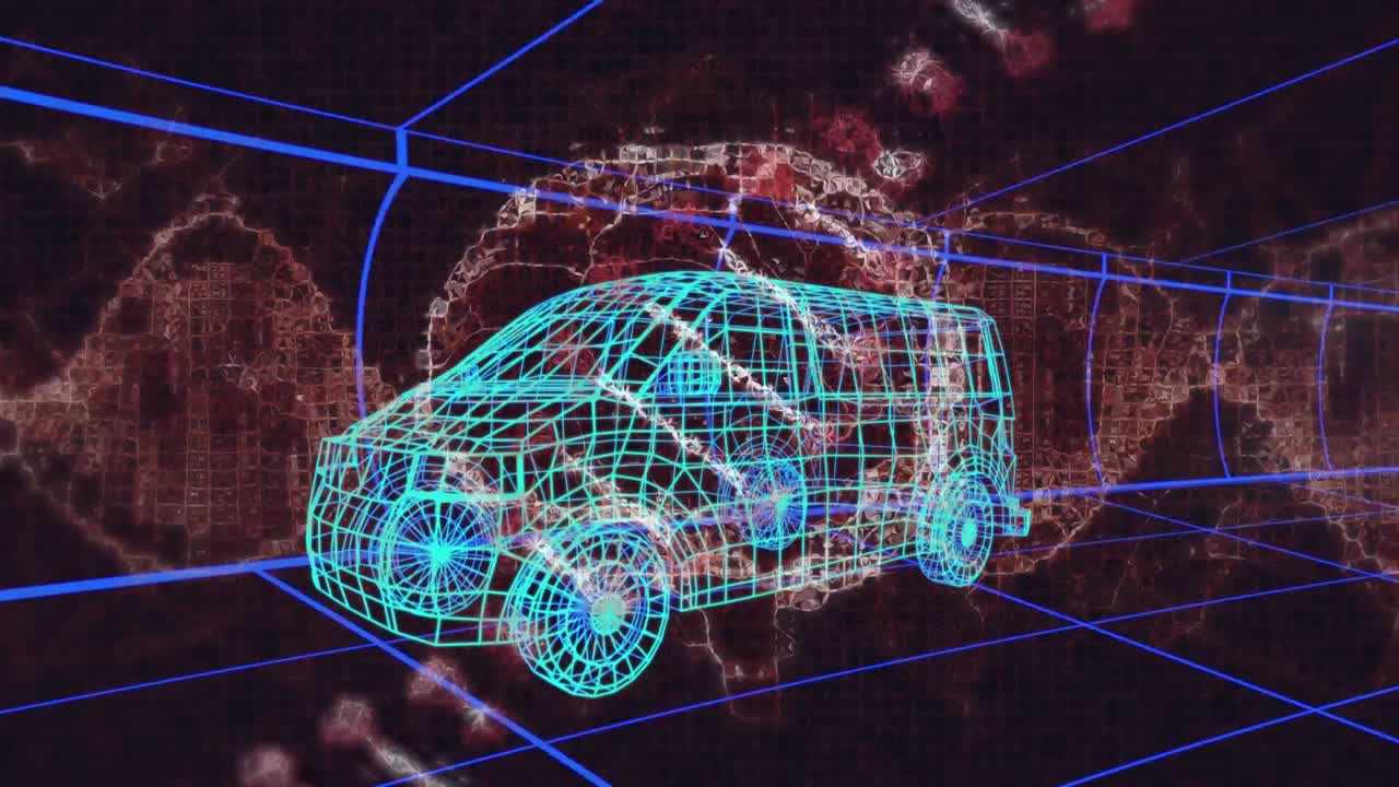 animación del cerebro humano y cadena de adn girando sobre el modelo de dibujo 3d de la furgoneta y la cuadrícula
