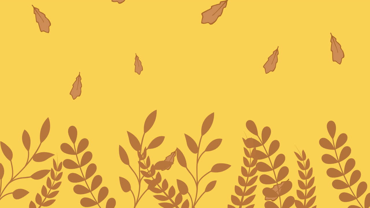 Animation of brown autumn leaves falling on yellow background