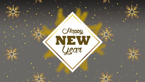 feliz año nuevo tarjeta de letras con copos de nieve y hojas de oro