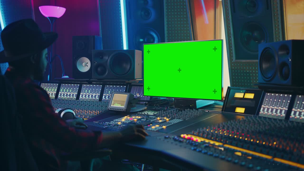 음악 레코드 스튜디오에서 일하는 스타일리시 오디오 엔지니어 프로듀서, 녹색 화면 크로마 키 컴퓨터 디스플레이, 서 보드 이라이저 및 컨트롤 데스크를 사용하여 새로운 히트 곡을 만니다.
