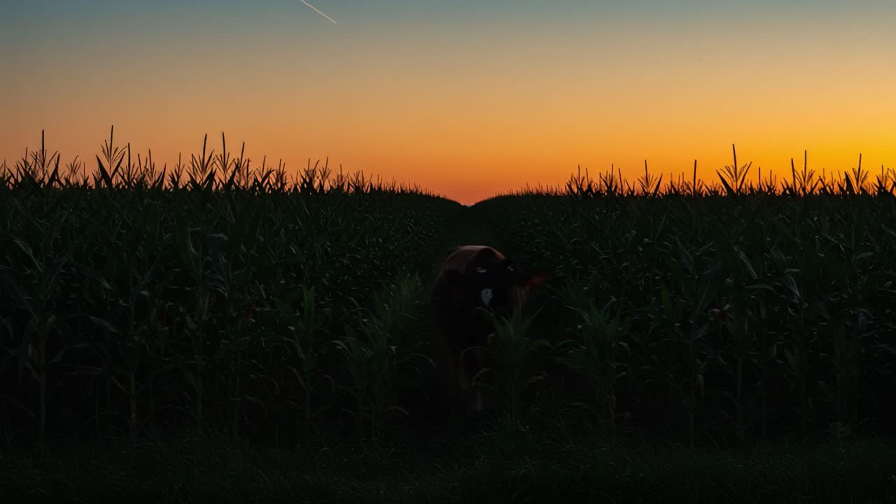 A Serene Encounter at Sunset: A Cow Wanders Through Lush Green Cornfields Under a Vibrant Sky, Capturing the Tranquility of Rural Life in the Evening