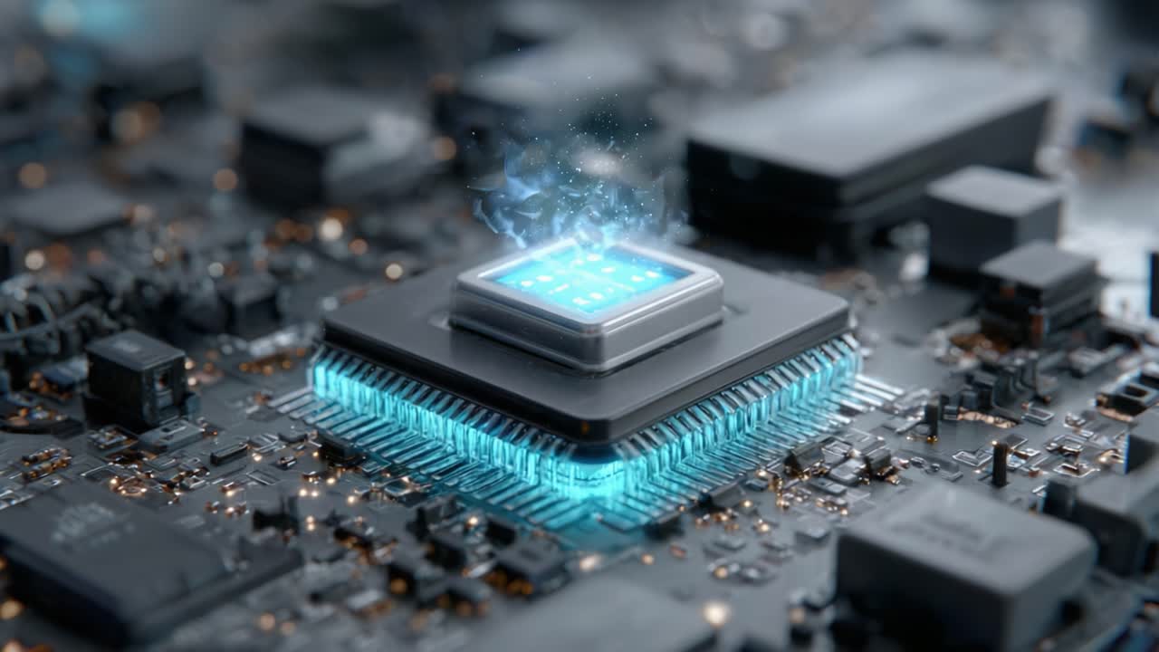 A Close-Up View of a High-Tech Microprocessor on a Circuit Board with Glowing Effects, Showcasing Advanced Technology and Digital Innovations in Electronics
