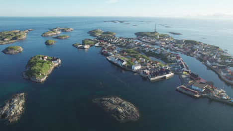 Aerial-view-in-orbit-over-the-city-of-Henningsvaer-with-beautiful-colors