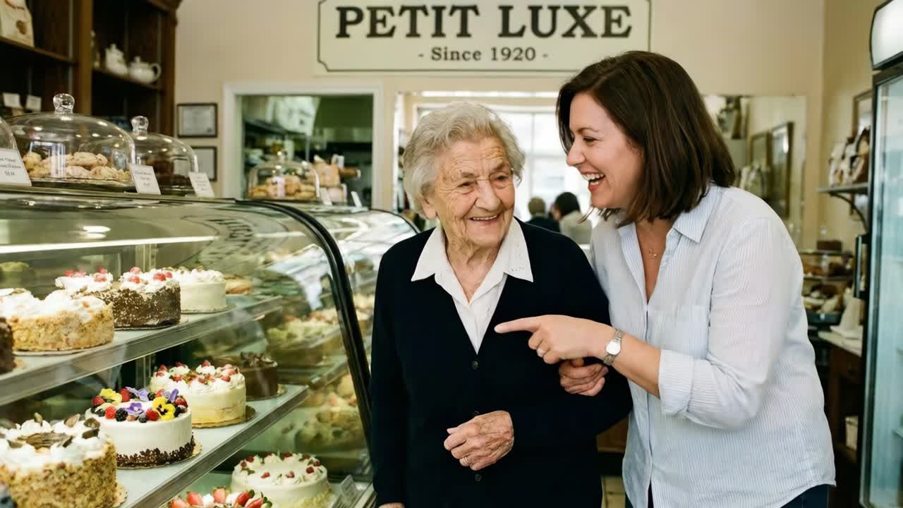 Generazioni in una panetteria: donna anziana e donna più giovane da Petit Luxe