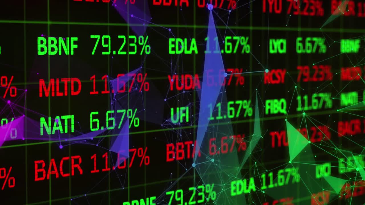 Animazione di elaborazione dati di borsa e reti a plesso su sfondo nero
