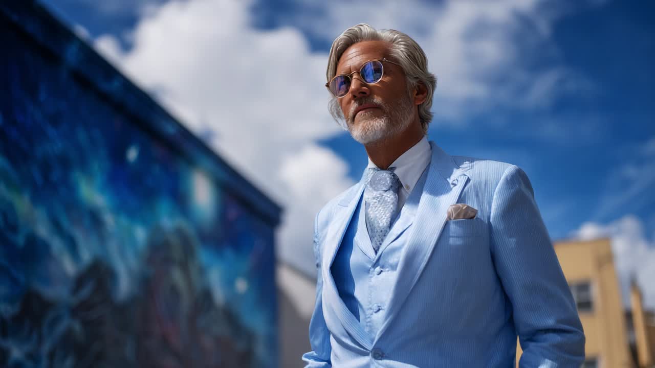 A Stylishly Dapper Gentleman in a Light Blue Suit Against a Vibrant City Mural, Exuding Sophistication and Charisma Under a Bright Summer Sky Filled with Fluffy Clouds and Artistic Expression