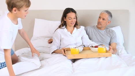 boy giving the breakfast to his parents