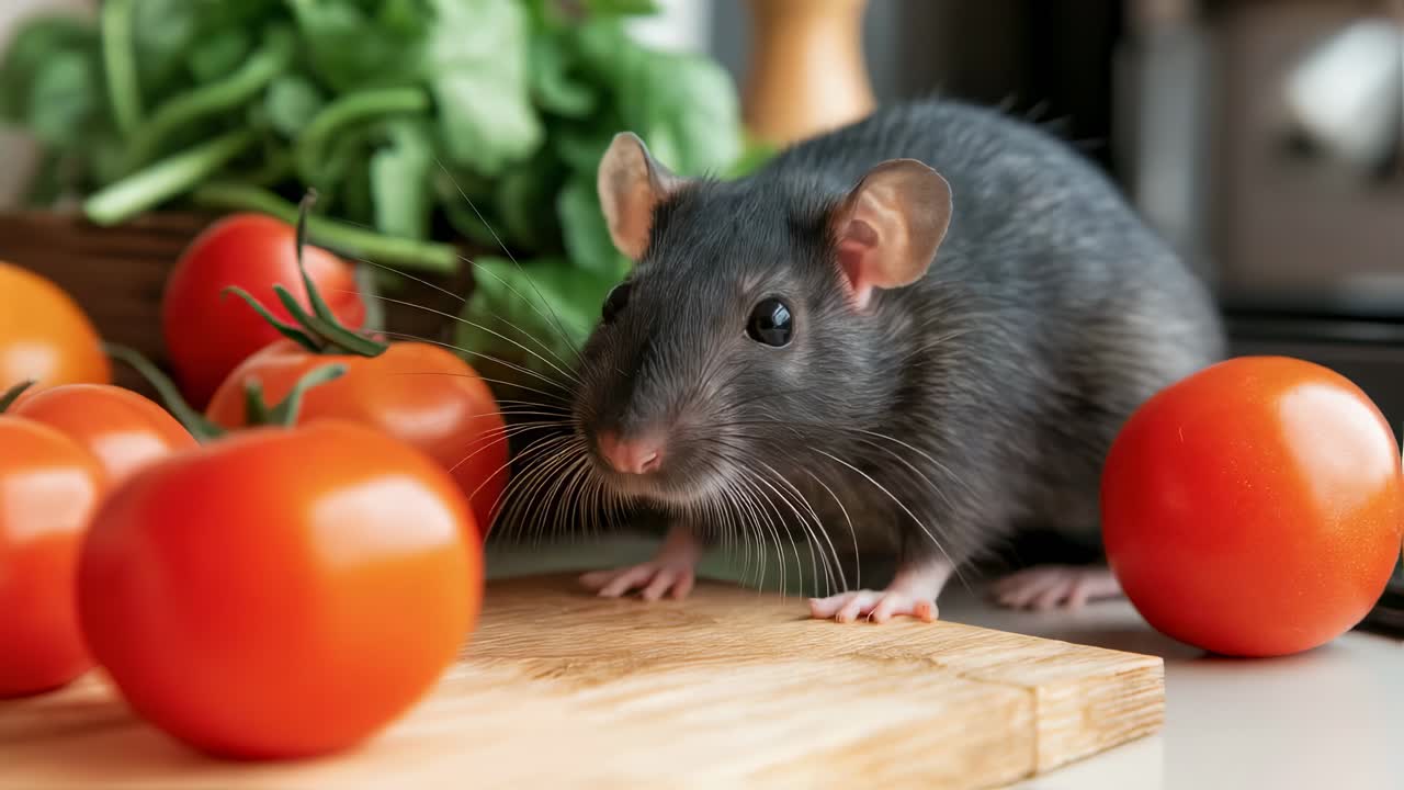 Rat eating tomatoes in a kitchen