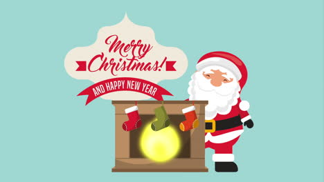 happy merry christmas card with santa claus and chimney