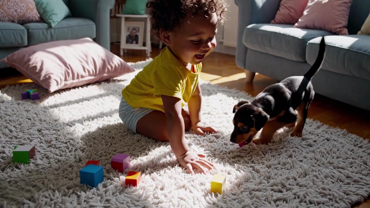Happy Toddler Playing with Puppy on Living Room Rug