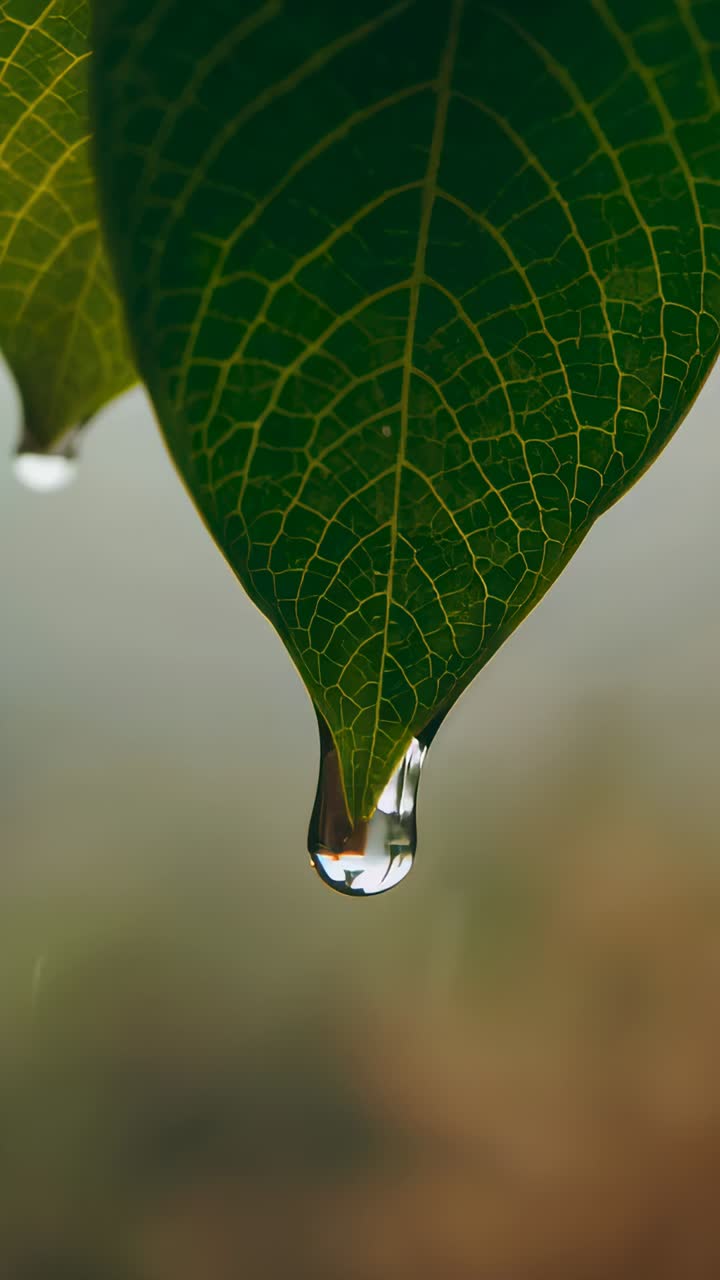 Vertical video: Forming and releasing drops from green leaf tip after rain in garden left leaf