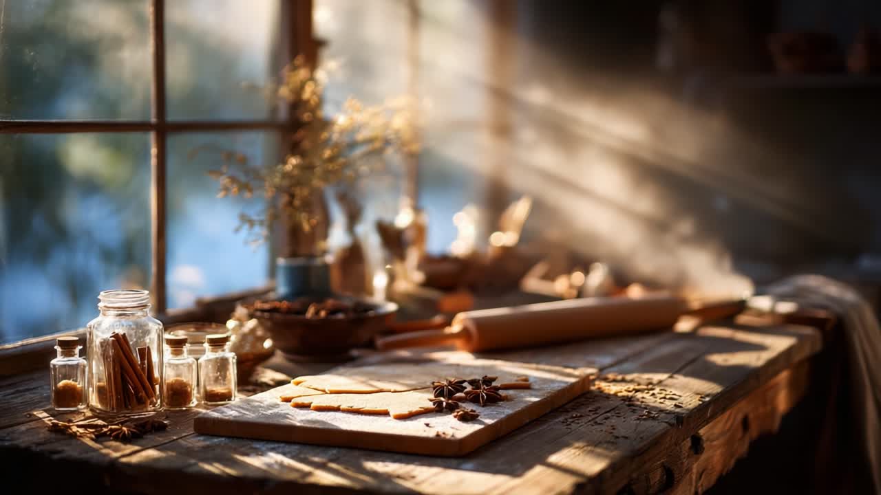 A Cozy Kitchen Setting with Natural Light Filtering Through Windows, Surrounding a Rustic Wooden Table Adorned with Baking Ingredients, Rolling Pin, and Spices Creating a Warm, Inviting Atmosphere