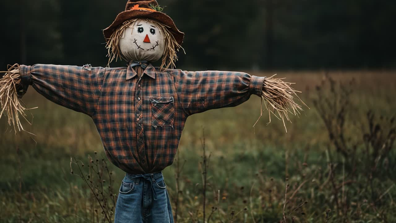 A rustic scarecrow stands proudly in an open field, displaying its charming features amidst the serene natural backdrop of grassy plains and distant trees