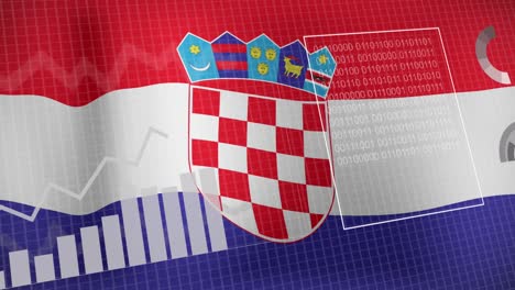 animation of statistics and data processing over waving flag of croatia