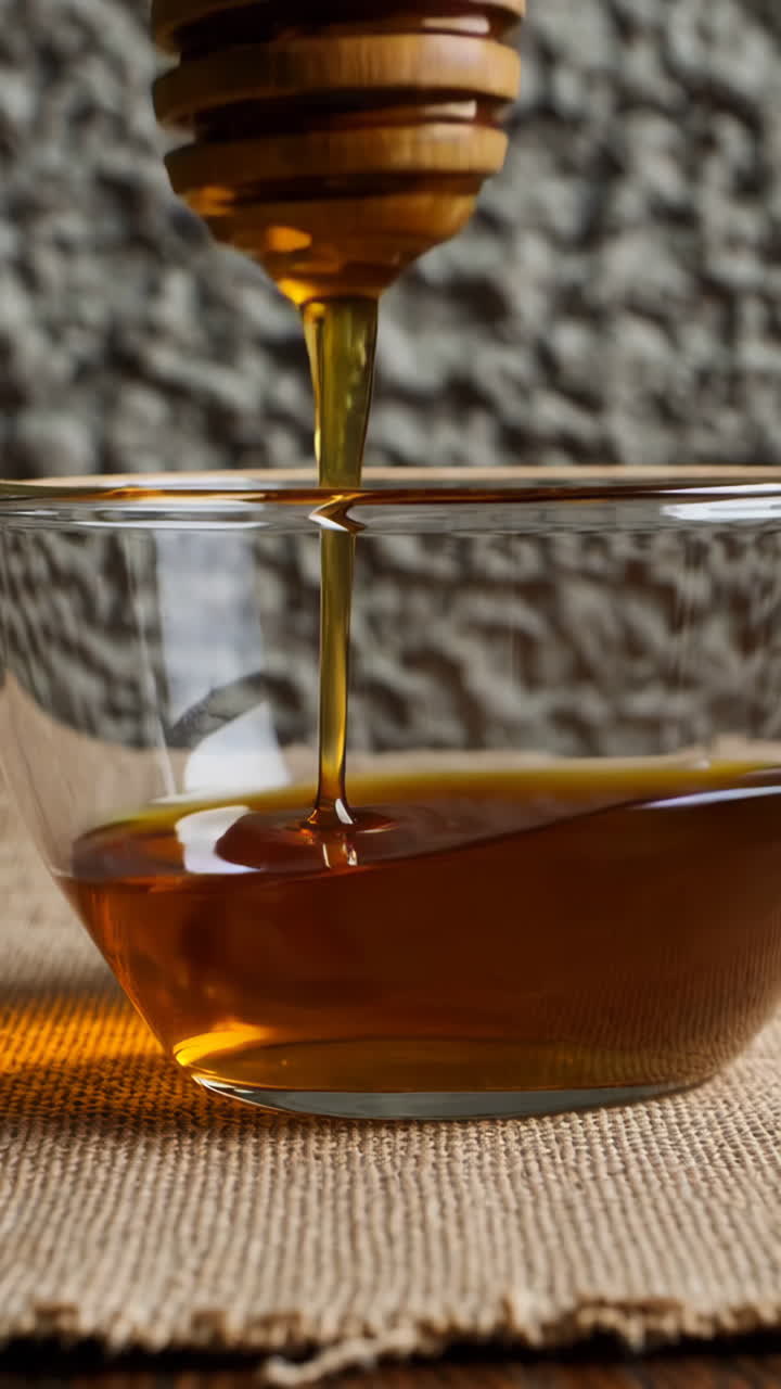 Miele versato in una ciotola con mestolino di legno