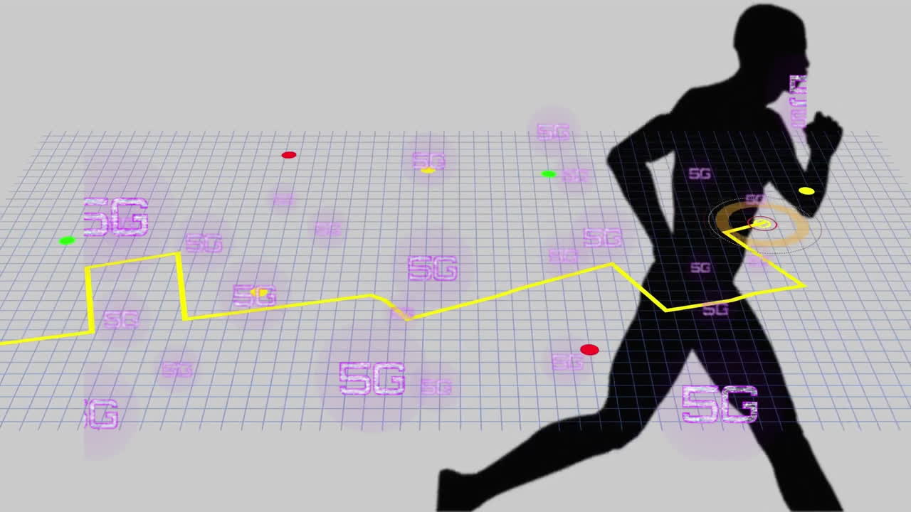 animación del procesamiento de la ruta amarilla en la cuadrícula sobre el corredor de silueta en fondo gris