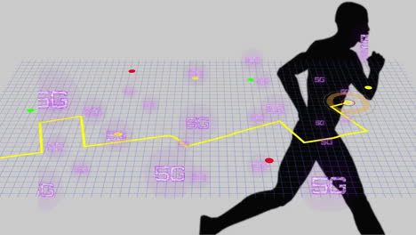 Animación-Del-Procesamiento-De-Ruta-Amarilla-En-Cuadrícula-Sobre-Corredor-De-Silueta-Sobre-Fondo-Gris