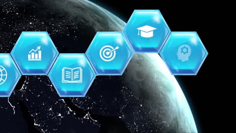 animación de iconos de educación y aprendizaje en hexágonos azules sobre el globo sobre fondo azul
