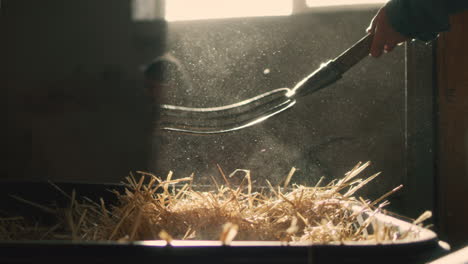 farmer loading hay in a barn